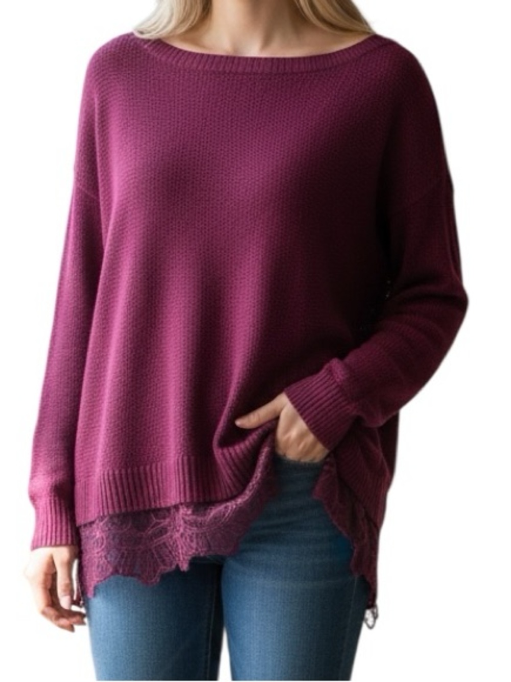 TORRID: Burgundy Crew Neck Light-Weight Sweater with Lace Hem -Size 1 / 1X